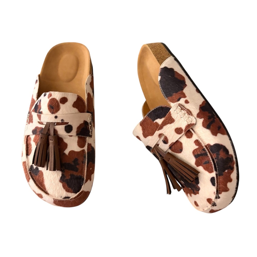 NEW Cowhide‎ Calf Hair Size 7 Tassel Mule Loafers Brown Cream Animal Print Shoes